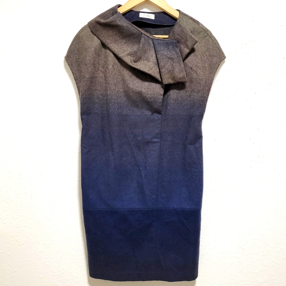 Time Postmodern Unique Ombre Dress Blue Brown Gray Vintage Shawl Collar w/ Snap